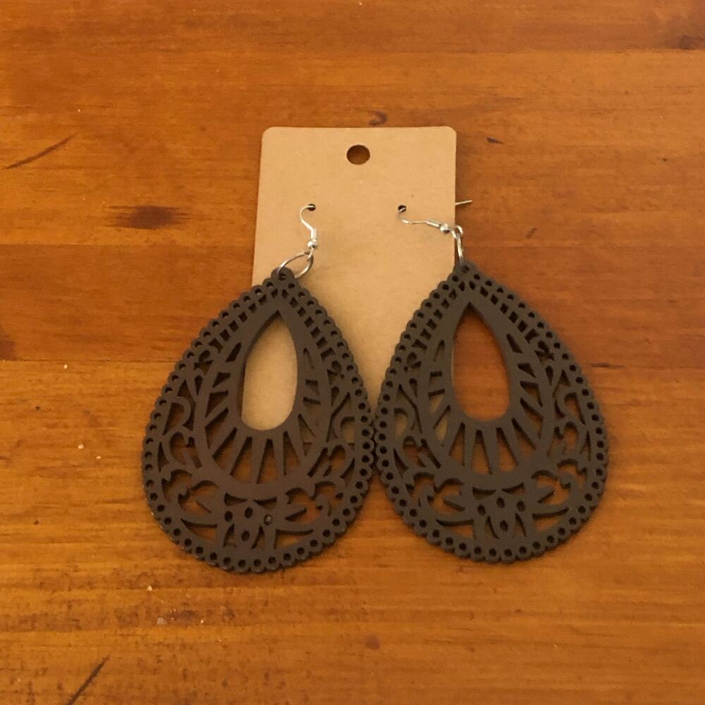 Neutral Bohemian Lightweight Wooden Laser Cut Tear Drop French Wire Earrings